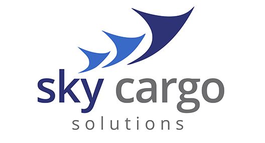 Sky Cargo Solutions’s logo. It contains the words “sky” and “cargo” highlighted, in navy blue and grey, respectively, and the word “solutions” below in light grey and less highlighted. On top of these, three triangles with different sizes and shades of blue, shown from left to right, from the smallest to the biggest.