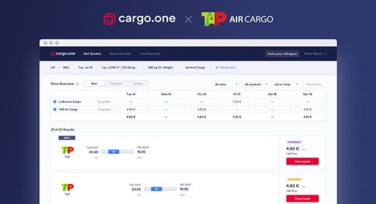 Dark blue background image, with cargo.one and TAP Air Cargo logos at the top of the image, side by side. Below the logos is a web page with a reservation simulation made on the cargo.one platform. Transport is from Lisbon (LIS) to São Paulo (GRU), on 14 July. The image shows a price list and flight availability for the week of 14 to 18 July, with 2 airlines: TAP Air Cargo and Lufthansa Cargo. It also presents 2 of 21 result lines, with specific days, times and prices for TAP Air Cargo.